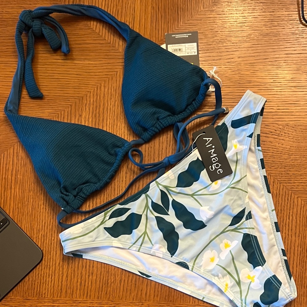 Teal and White Floral Bikini Set